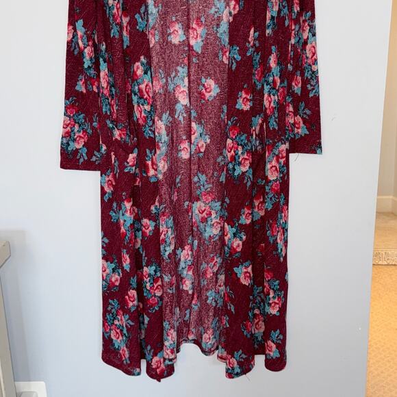 Lularoe Sarah Floral Duster Cardigan Size Medium Pockets Long Burgundy Red Blue - Picture 3 of 8